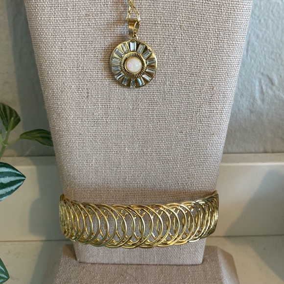 Opal Rhinestone Gold Necklace and Coil Bangle Bracelet #105 - Picture 5 of 9